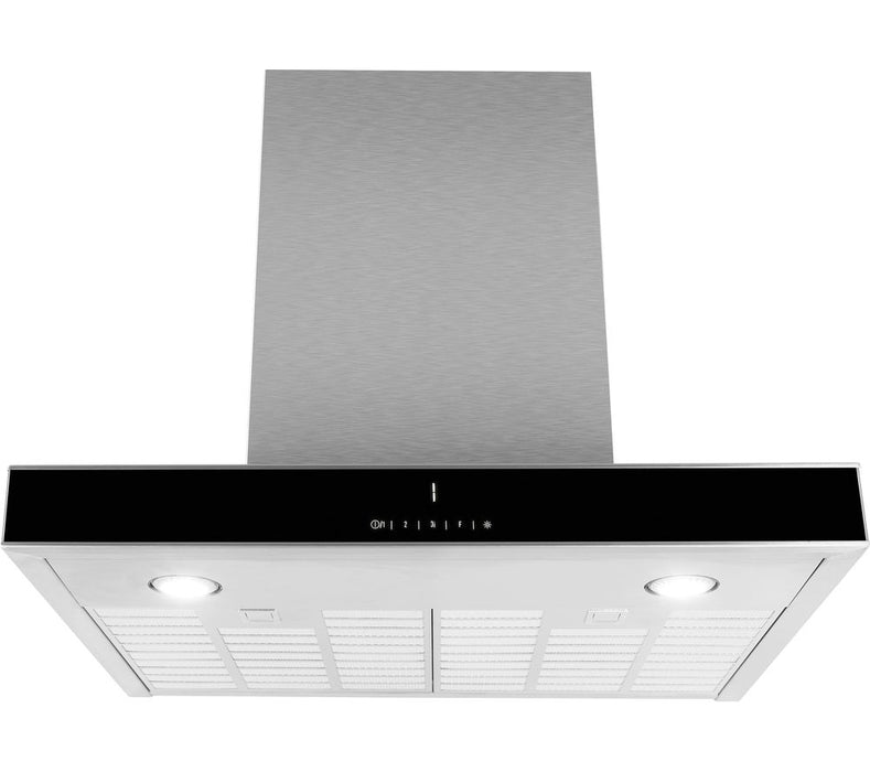 Grundig 60cm Chimney Hood with Stainless Steel Flue & Black Glass Panel GDK2774BB