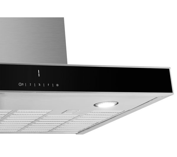 Grundig 60cm Chimney Hood with Stainless Steel Flue & Black Glass Panel GDK2774BB