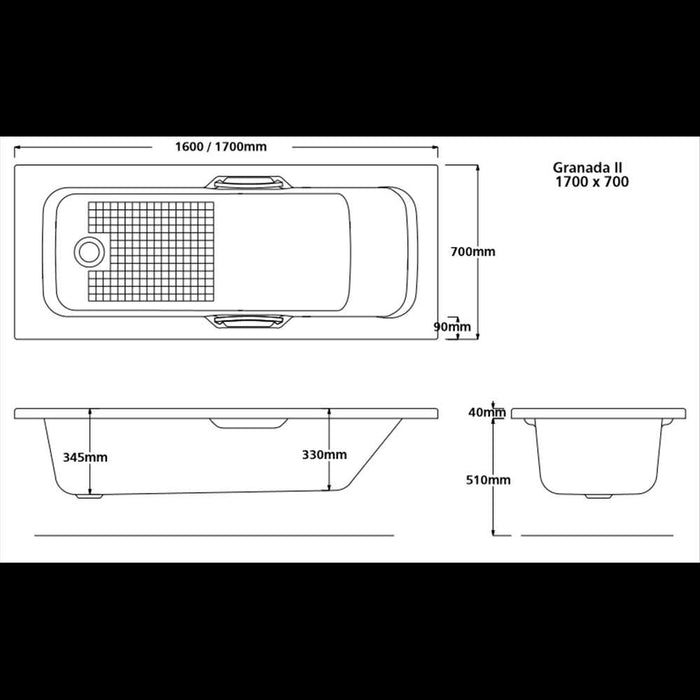 Bath with Twin Grips 1600x700mm Northam Standard Acrylic JNORTHAM16