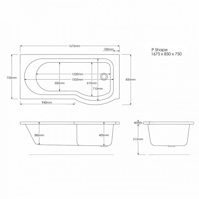 P Shape Bath 1675 x 850 Right Hand JSOLTAIRE17R